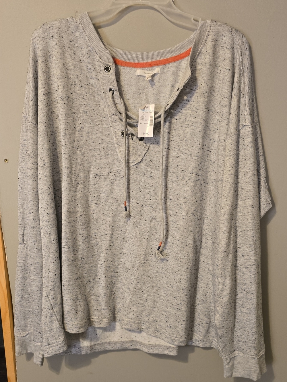 Maurices Light Gray Speckled Lace-Up Pullover with Orange Trim